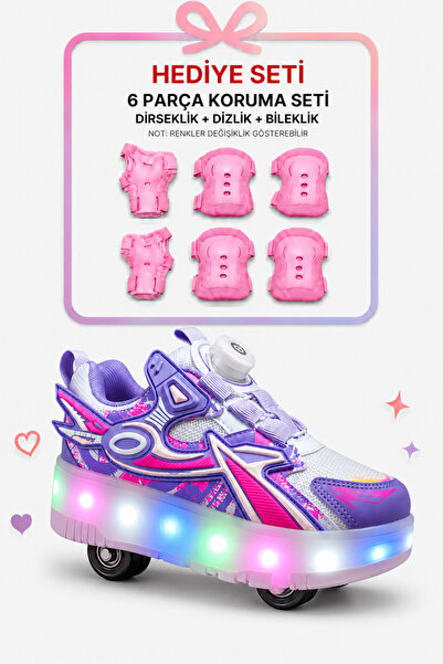VestioStore Mor Pembe Çocuk Tekerlekli Işıklı Otomatik Bağcık Mekanizmalı Spo...
