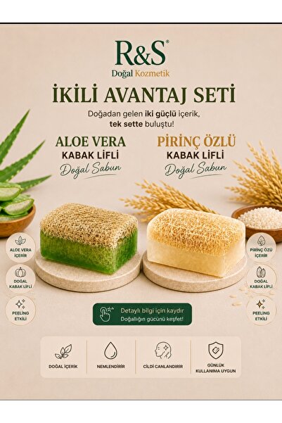 R&S Doğal Kozmetik Muhteşem 2'li Kabak Lifli Doğal Pirinç Özü Sabun Aloe Vera...