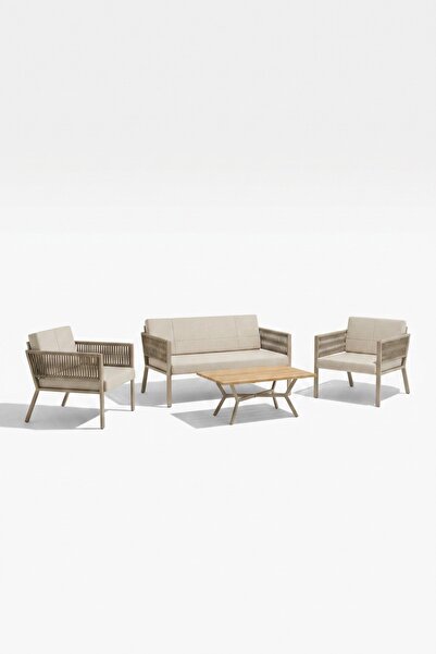 UPSTYLE Lido Bahçe & Balkon Oturma Takımı | Metal Karkas, 2+2 Koltuk, Teak Sehpa