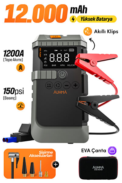 auhma A7711 Akü Takviye Cihazı | 4'ü 1 Arada Powerbank, Hava Kompresörü, LCD ...