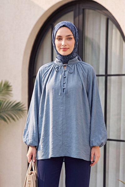 Modamorfo Oversized Tulle Voile Blouse with Tie Collar and Half Buttons - Petrol