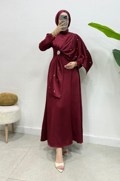 Abiye Diyarı Crepe Fabric Hijab Evening Dress with Hidden Stone Brooch - Burg...