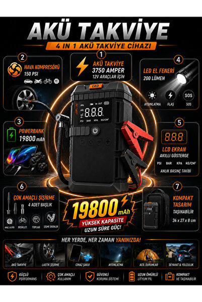 Merwish Akü Takviye Cihazı 19800mAh 1200A Tepe Akım 150 PSI Hava Kompresörü Powerbank LED El Feneri 4'ü 1 Arada LS-99