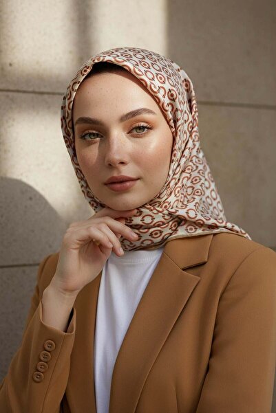 Vissona %100 Twill İpek Zincir Desenli Krem - Bakır Renkli 90x90 Eşarp Kenar ...