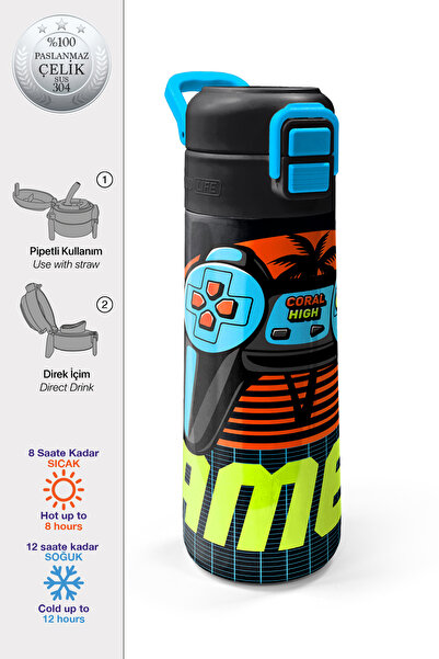 Coral High Kids Gri Turuncu Gamer Desenli Pipetli ve Direkt İçim Çelik Termos...