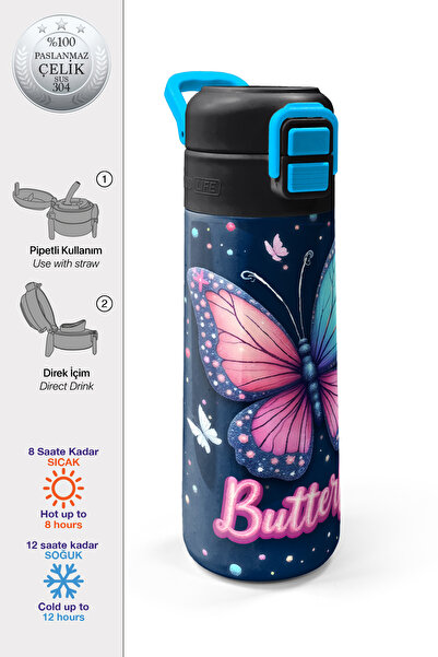 Coral High Kids Kelebek Desenli Pipetli ve Direkt İçim Çelik Termos 500 ml 38131