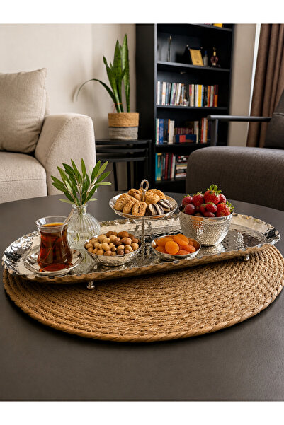 Layla Copper Oval Gümüş Renk Dövme Desenli Bakır Kurabiyelik-Sunumluk