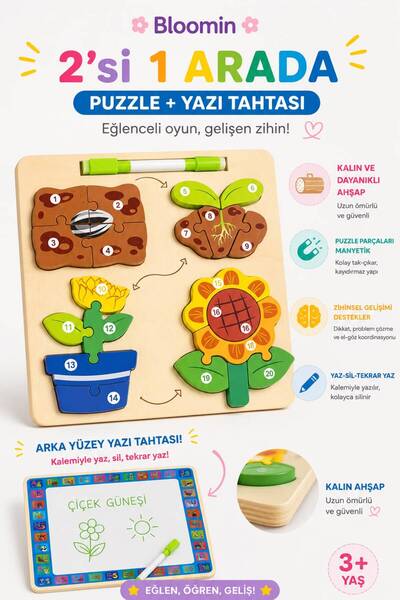 Bloomin Educational Wooden Toy Themed Puzzle - Bultak and Erasable Writing Bo...