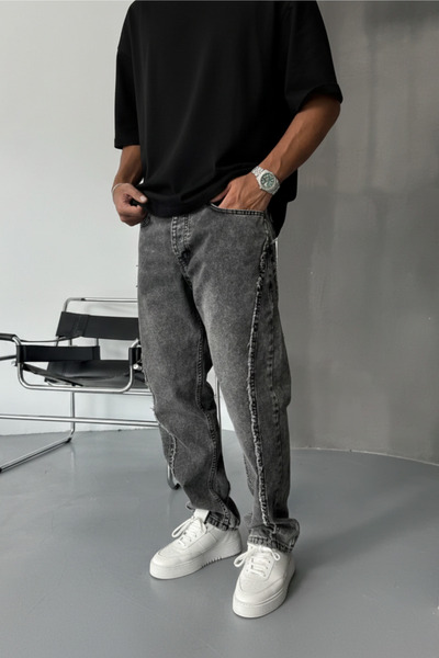 Wonraces Pantaloni de blugi gri pentru bărbați, cu design special spălat