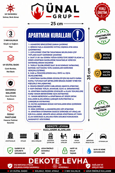 ünalgrup Apartman Kuralları Uyarı Levhası