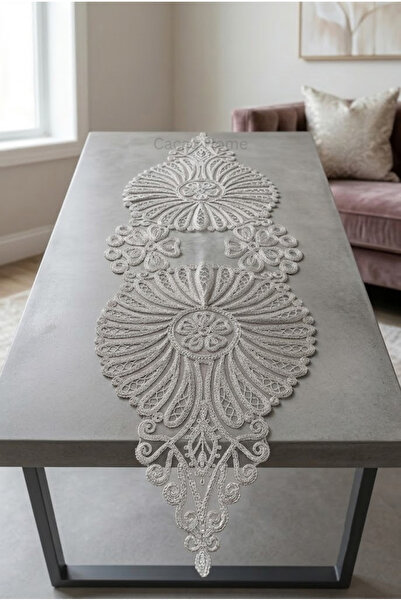 cacao home Fransız Dantelli Örme Tabanlı Tek Runner Masa Örtüsü 35x110 Cm Mas...