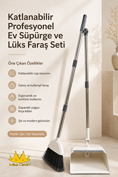Miss Clean طقم مكنسة منزلية احترافية قابلة للطي ومجارف فاخرة باللون الأبيض