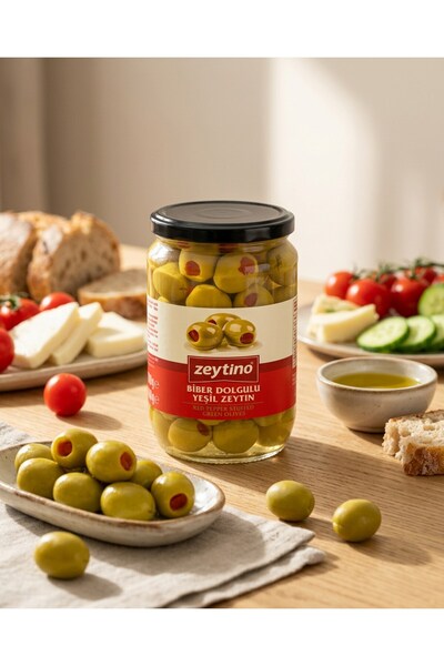 Zeytino Biberli Yeşil Zeytin 400 gr (141/160) 4XL Cam Kavanoz