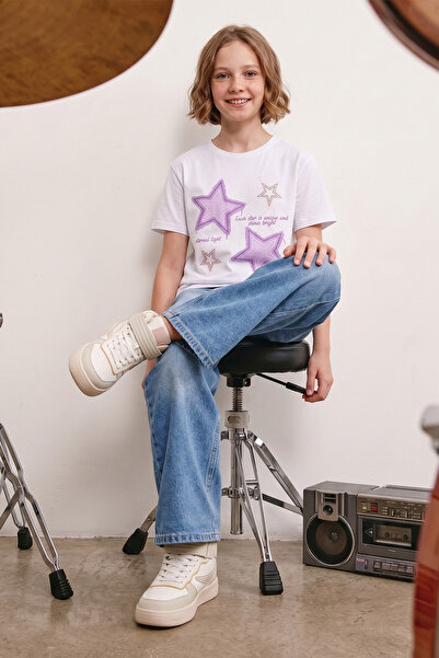 Fulla Moda Tricou pentru fete cu imprimeu stele și guler tip bicicletă