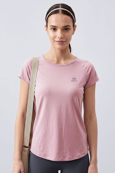 TOMMY LIFE Tricou pentru femei Dusty Rose, cu mânecă scurtă, cu guler O, cu m...