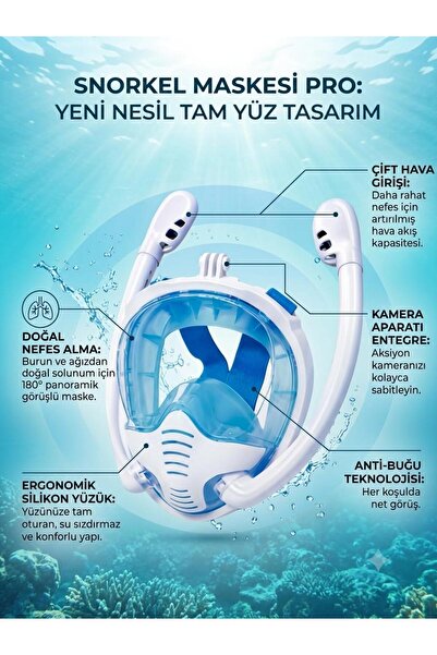 FORTİCO Çift Tüplü Full Face Dalış Gözlüğü Çift Tüplü Şnorkel Maskesi (X-L) B...