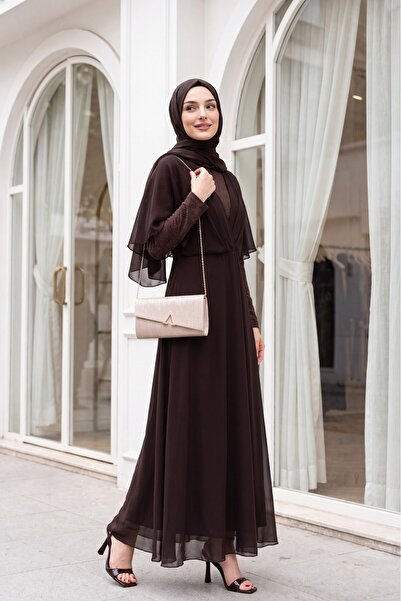 Modamorfo Silvery Chiffon Long Evening Dress -Dark Brown