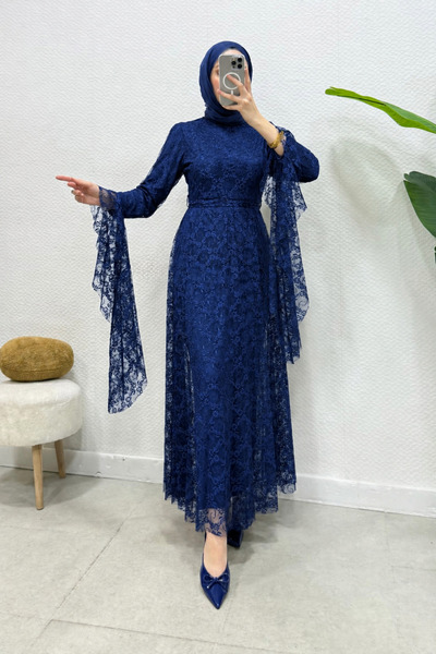 Abiye Diyarı Zelal Kuşaklı Dantel Kumaş Astarlı Tesettür Abiye