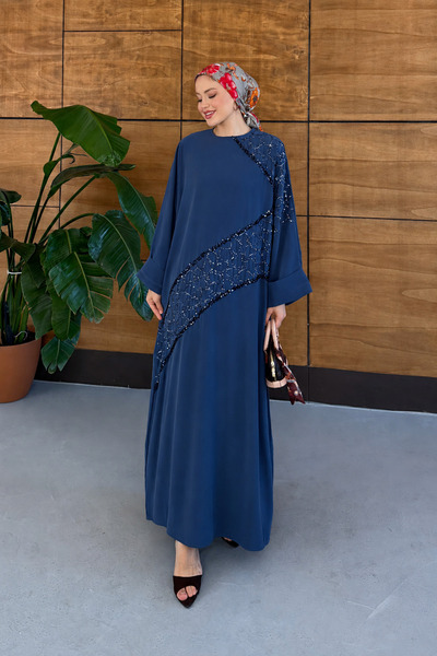 Miss Allos Women's Sequin Embroidered Bat Sleeve Linen Dress