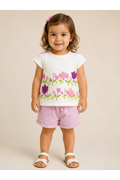 Victor and Jane Infant Girls Tulip Print Top & Purple Stripe Bloomers Set