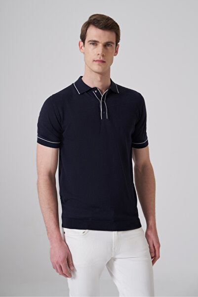 Morven Men's Navy Blue Trendy Polo Collar Jacquard Knitwear T-Shirt