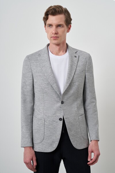 Morven Men's Gray Linen Woven Patterned Slim Fit Mono Collar Jacket