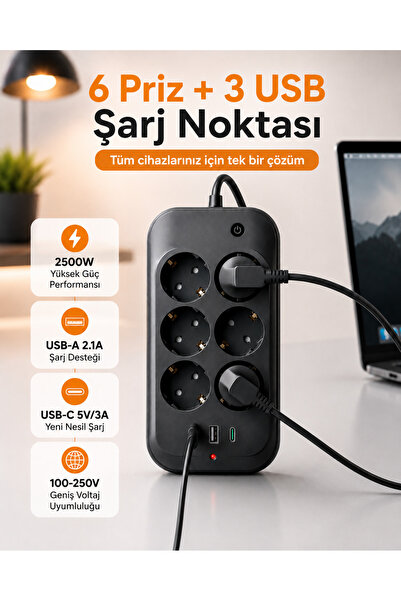 The Wlue Çoklu 6'lı Priz Akım Korumalı | 2500 Watt | 2 x USB-A | 1 x USB-C | 2 Metre | Anahtarlı | Çocuk Korumalı