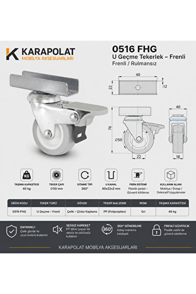 KARAPOLAT 18 mm U Geçme Frenli Mobilya Tekeri Sehpa Masa Ofis Dolabı Tekeri