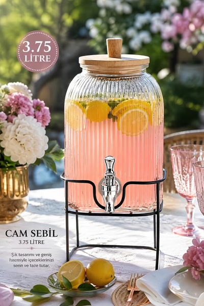 Albergio 3,75 Litre Cam Şerbetlik Sebil | Standlı Vakumlu Bambu Kapaklı Su ve...