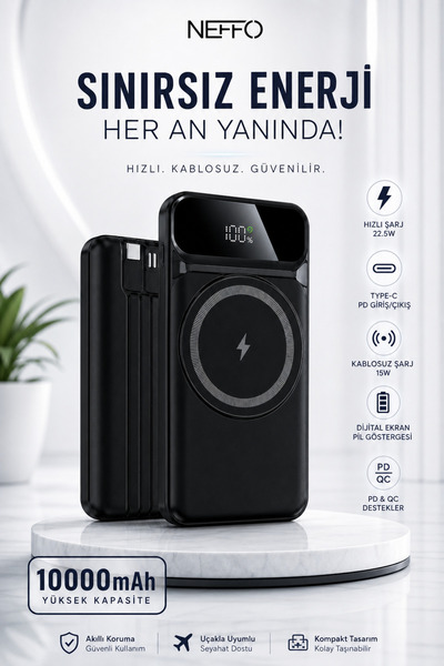 NEFFO 10000mAh MagSafe 15W Kablosuz ve 22.5W Hızlı Kablolu Şarj Destekli Many...