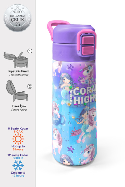 Coral High Kids Pembe Unicorn Deniz Kızı Desenli Pipetli ve Direkt İçim Çelik...