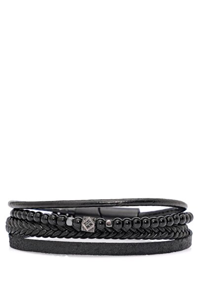 Efor Black Bracelet with Braided Leather and Stone Model 092