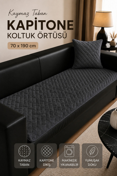 vivamia Kaymaz Taban Kapitone Koltuk Örtüsü Çekyat Koruyucu (70x190 cm) Füme