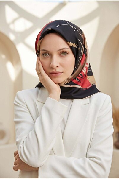 Vissona %57 İPEK %43 VİSKON Twill İpek Geometrik Desenli Siyah - Kırmızı Renk...