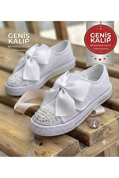 PATİK BEBE KIZ ÇOCUK BEYAZ RENK FİYONKLU SÜSLÜ ORTOPEDİK TABANLI ŞIK CASUAL A...
