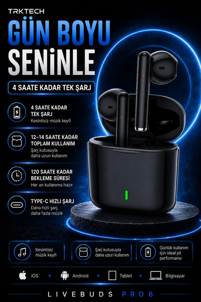 TrkTech Livebuds Pro 6 Siyah Kablosuz Bluetooth Kulaklık Bluetooth 5.3 TWS iOS Android Uyumlu HD Stereo Ses Dokunmatik Şarj Kutulu Kılıf Hediyeli
