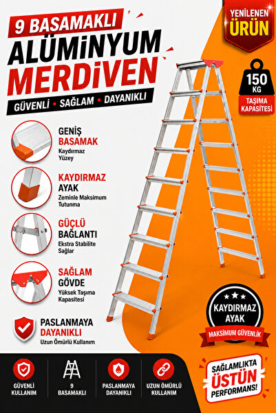 Genel Markalar Alüminyum Çift Çıkışlı Merdiven 9 Basamak | Kaymaz Ayaklı | En...