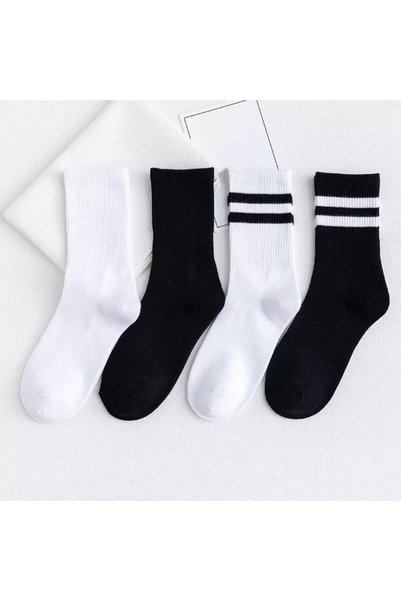 WORTHY SOCKS Pack of 4 Women's Black White Striped Plain Cotton Tennis College Socks