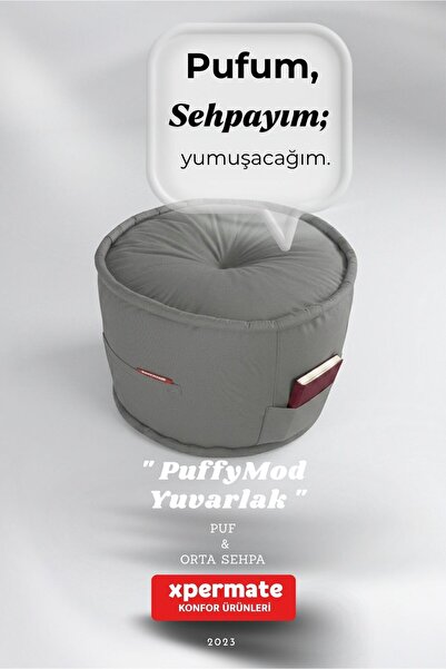 XPERMATE Yuvarlak Puf 60x42 cm Dekoratif Oturma ve Ayak Uzatma Pufu Modern Sa...