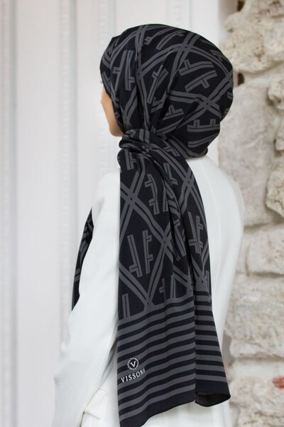 Vissona KREP MONOGRAM DESENLİ SİYAH - GRİ RENKLİ 75X195 KIRIŞMAZ ŞAL