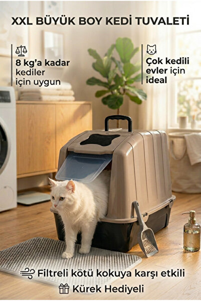 Kurtbay Şekil XXL Büyük Boy Kapalı Kedi Tuvaleti, Filtreli ve Kürek Hediyeli,...