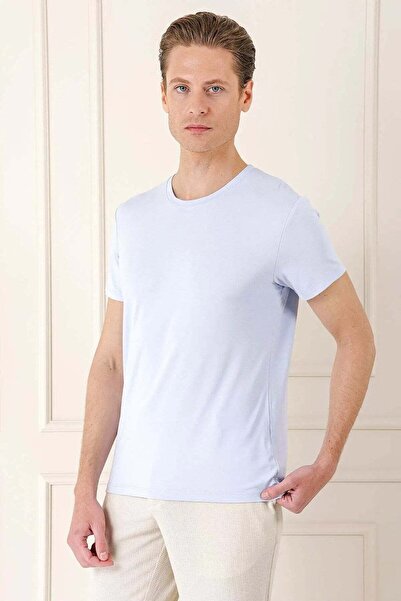 Efor Slim Fit Bisiklet Yaka Esnek Pamuklu Düz Buz Mavi Tişört TS 823