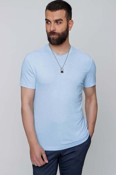 Efor Slim Fit Bisiklet Yaka Esnek Pamuklu Düz Mavi Tişört TS 823