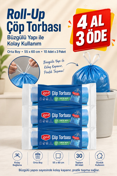 Roll-Up Çöp Torbası Orta Boy Büzgülü 55x60cm 10 Adet x 3 Paket