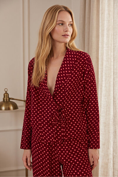 Laperissa Burgundy Heart Tie-Dye Detailed Viscose Woven Pajama Set