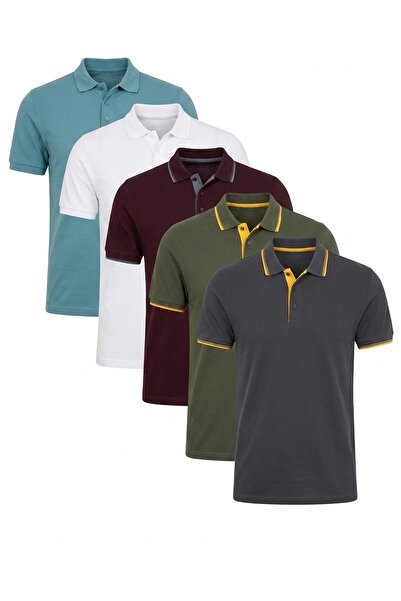 Buratti Pamuklu Regular Fit Düğmeli Polo Yaka 5'li Paket T Shirt Erkek T SHİR...