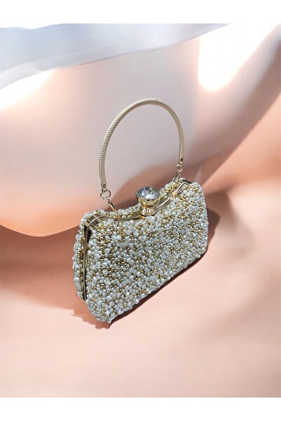 Busrabags Gold Mother of Pearl Beaded Women's Evening Bag