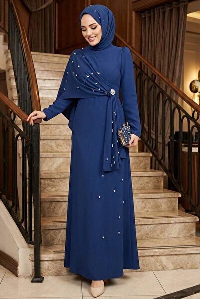 N.S NEVA STYLE فستان سهرة إسلامي باللون الأزرق الداكن مع تفاصيل عباءة 56101L