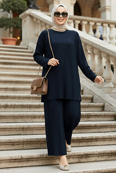 N.S NEVA STYLE Pleated Navy Blue Hijab Double Set 12107L