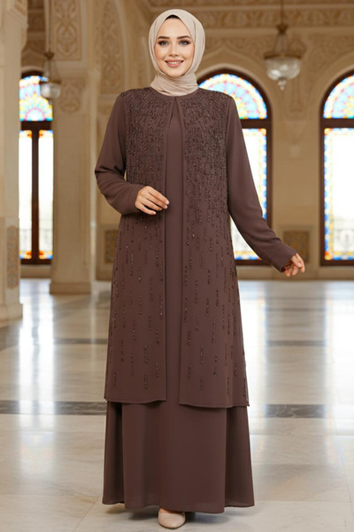 Neva Style عباية حجاب بنية مطرزة بالخرز 29119KH